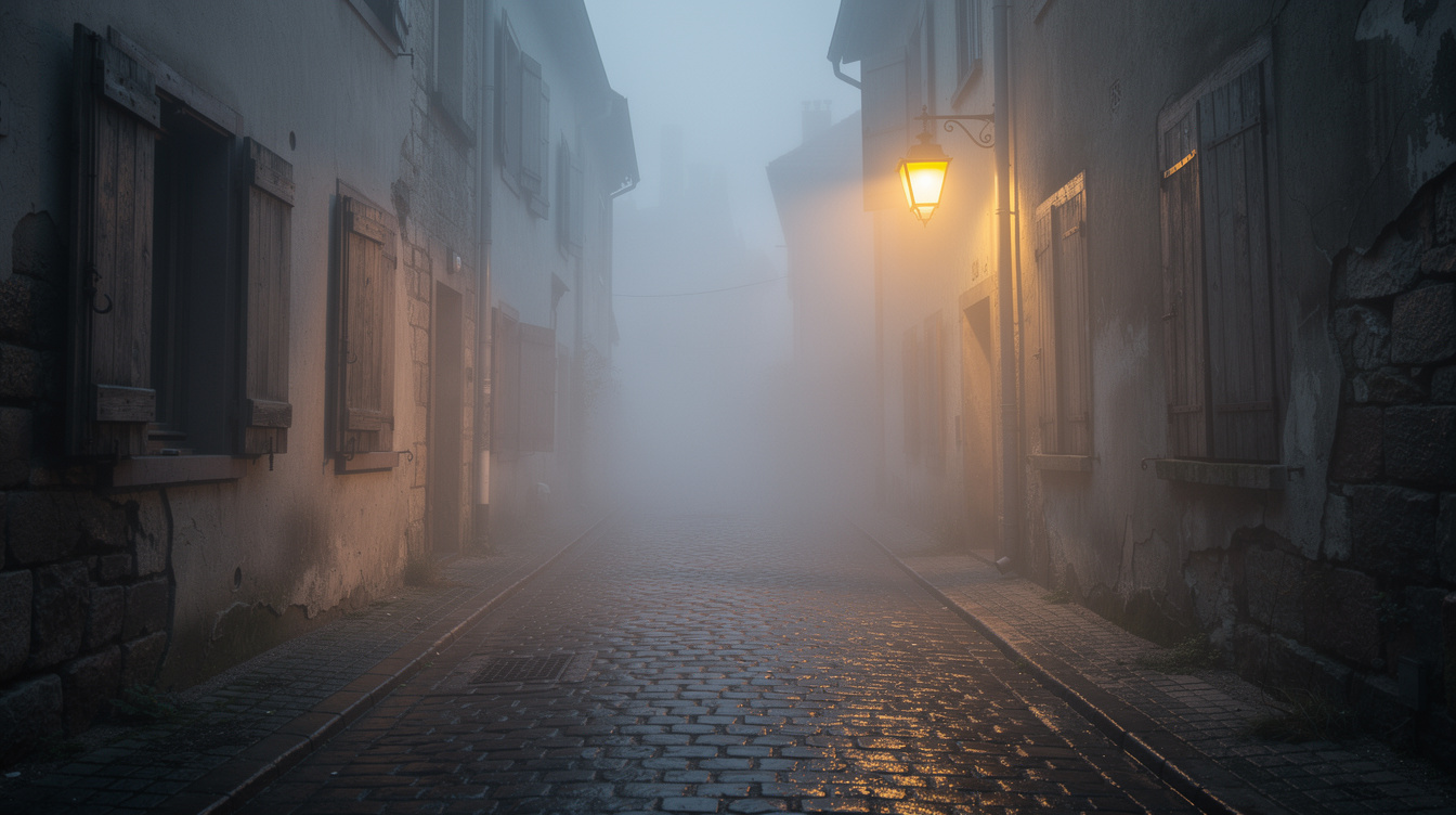 Foggy cobblestone street in an old European old town at dusk with a single lit street lamp