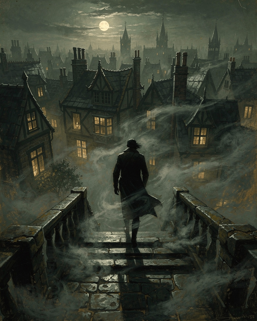 Dark moody book cover illustration of a shadowy figure on a foggy stone staircase