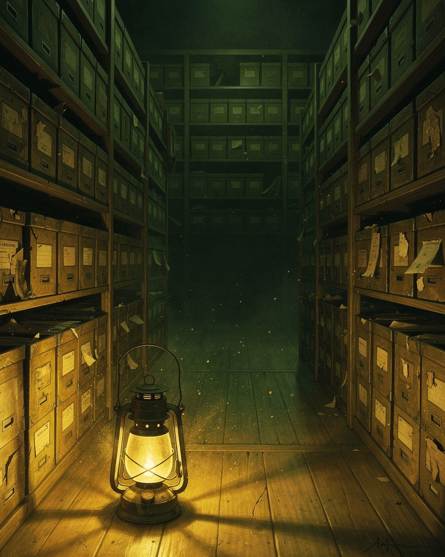 Dark book cover illustration of a lantern shining over rows of old archive shelves