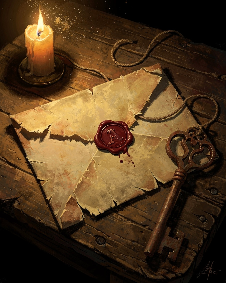 Dark book cover illustration of an old sealed letter and a rusty key on a wooden table