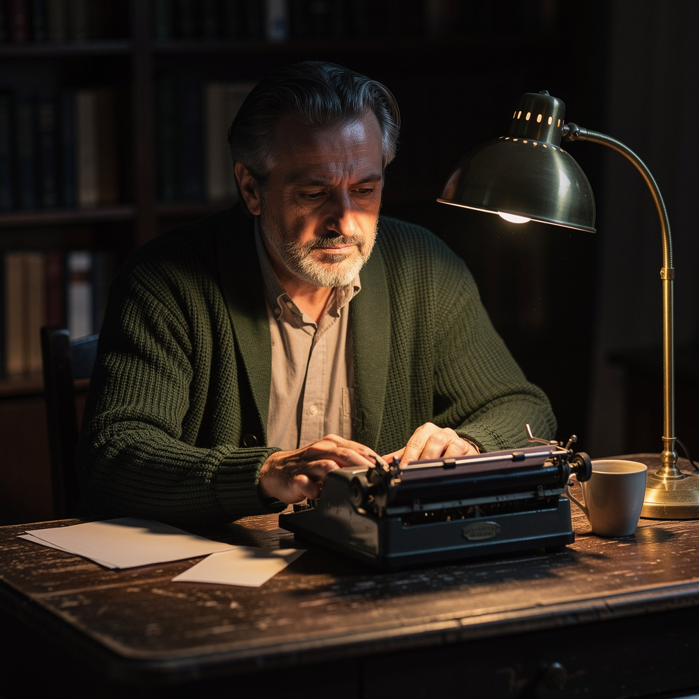 Croatian mystery writer sitting at a wooden desk at night with a typewriter and a lamp