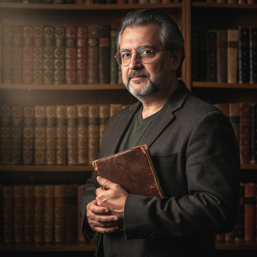 Portrait of a Croatian mystery novelist standing in a library holding a notebook